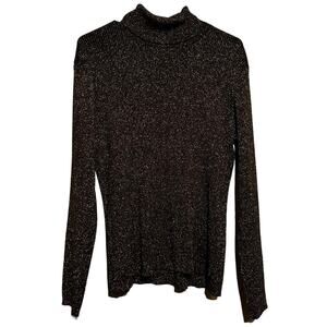 Chico's Turtleneck Silk Sweater Metallic Glitter Ribbed Knit Black Gold 2 Large